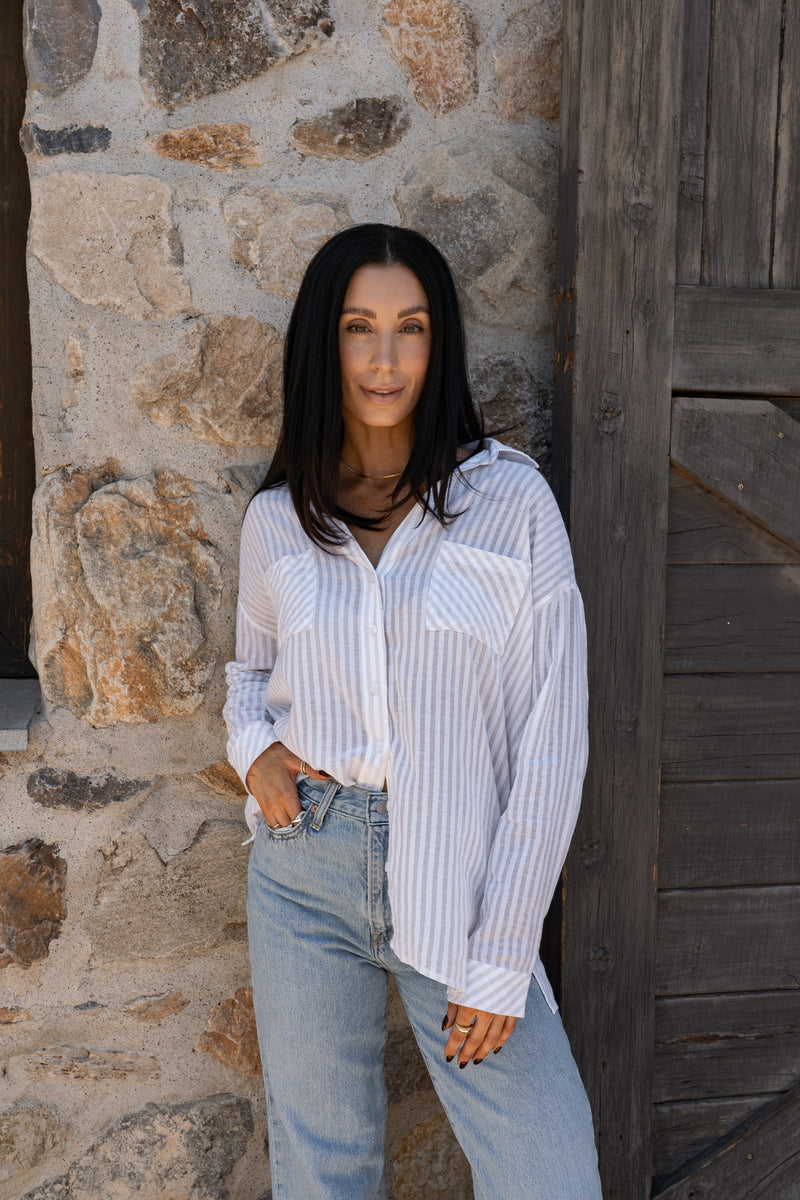 Sierra Stripe Button Down -  Tan / White